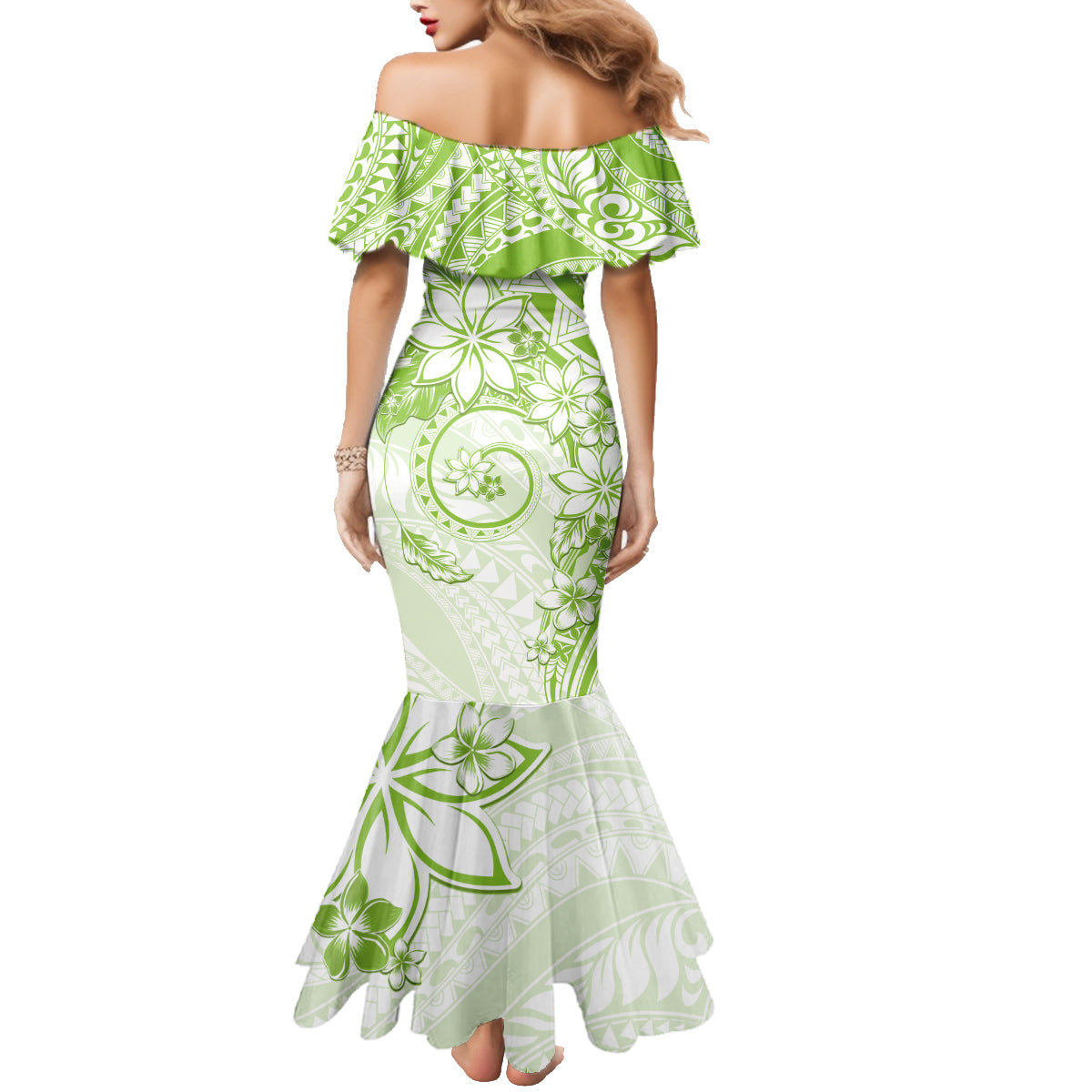 Polynesian Pattern With Plumeria Flowers Family Matching Mermaid Dress and Hawaiian Shirt Lime Green LT05 - Polynesian Pride