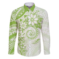 Polynesian Pattern With Plumeria Flowers Family Matching Off The Shoulder Long Sleeve Dress and Hawaiian Shirt Lime Green