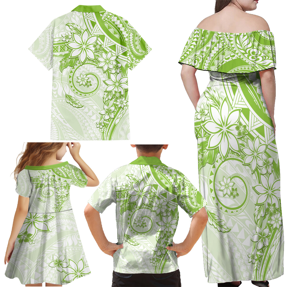 Polynesian Pattern With Plumeria Flowers Family Matching Off Shoulder Maxi Dress and Hawaiian Shirt Lime Green LT05 - Polynesian Pride