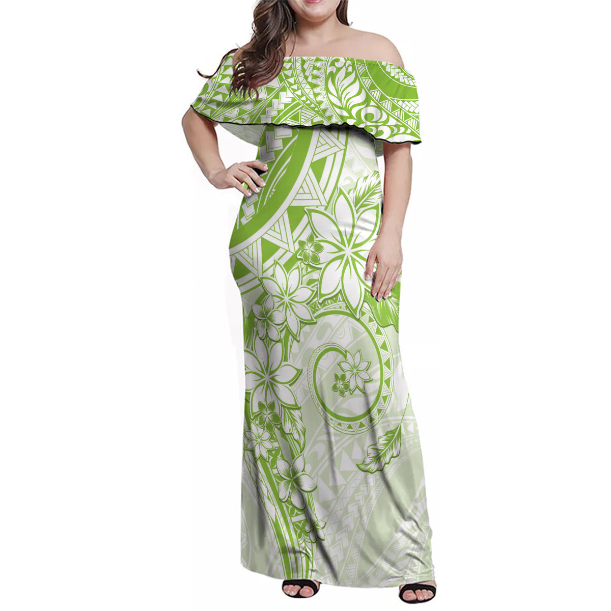 Polynesian Pattern With Plumeria Flowers Family Matching Off Shoulder Maxi Dress and Hawaiian Shirt Lime Green LT05 Mom's Dress Lime Green - Polynesian Pride