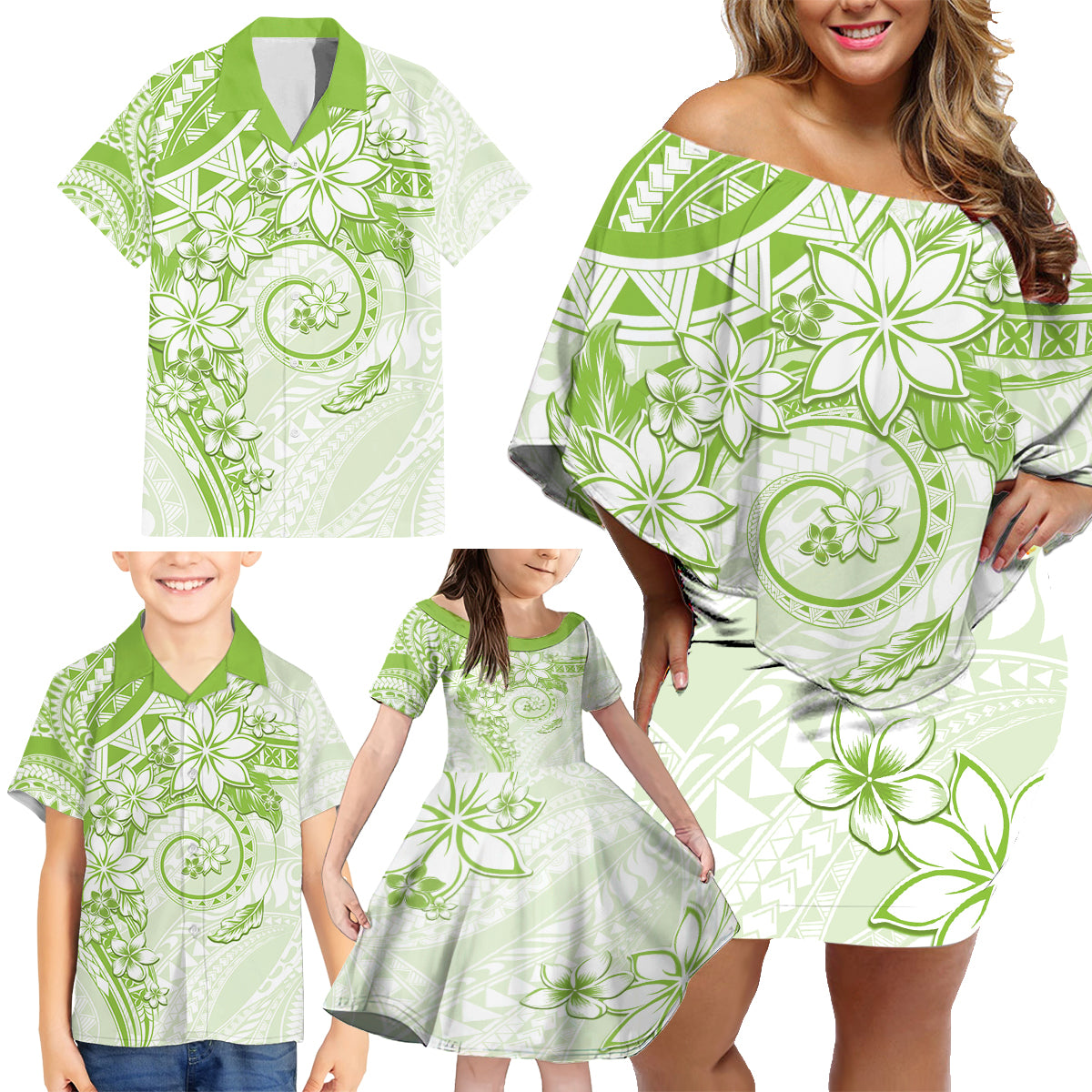 Polynesian Pattern With Plumeria Flowers Family Matching Off Shoulder Short Dress and Hawaiian Shirt Lime Green LT05 - Polynesian Pride