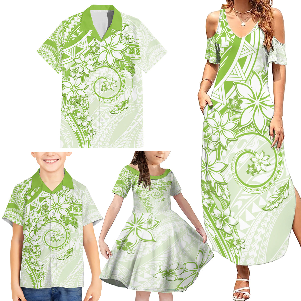 Polynesian Pattern With Plumeria Flowers Family Matching Summer Maxi Dress and Hawaiian Shirt Lime Green LT05 - Polynesian Pride