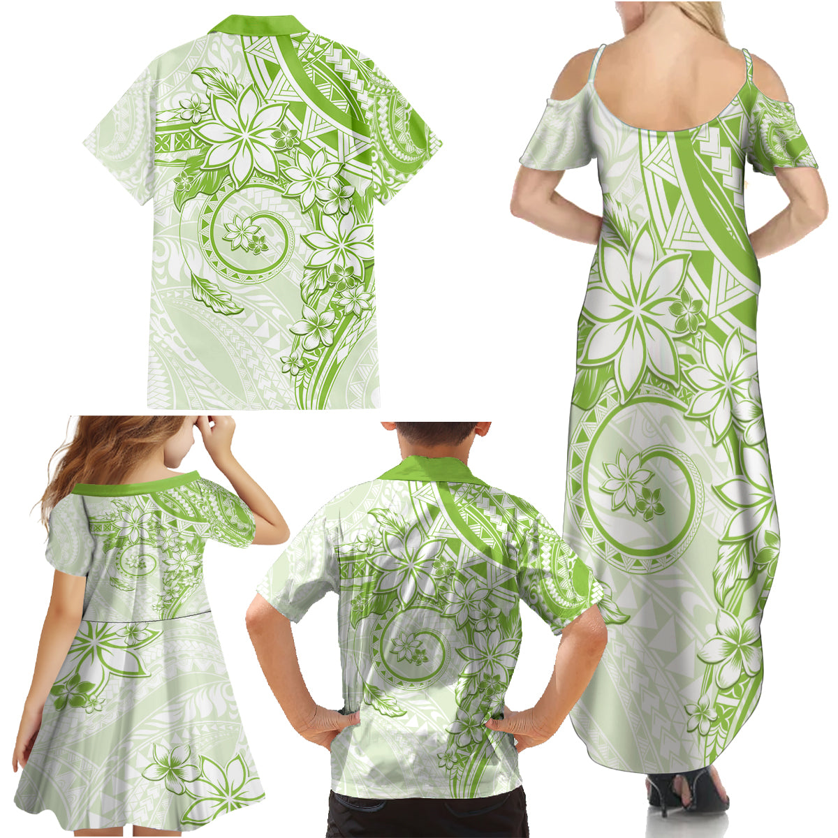 Polynesian Pattern With Plumeria Flowers Family Matching Summer Maxi Dress and Hawaiian Shirt Lime Green LT05 - Polynesian Pride