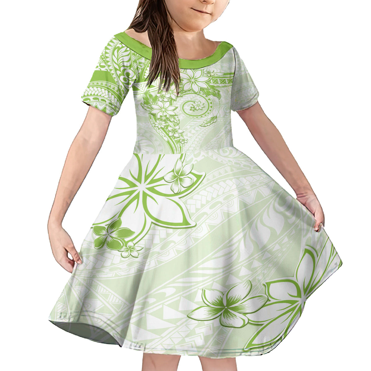 Polynesian Pattern With Plumeria Flowers Family Matching Tank Maxi Dress and Hawaiian Shirt Lime Green LT05 Daughter's Dress Lime Green - Polynesian Pride