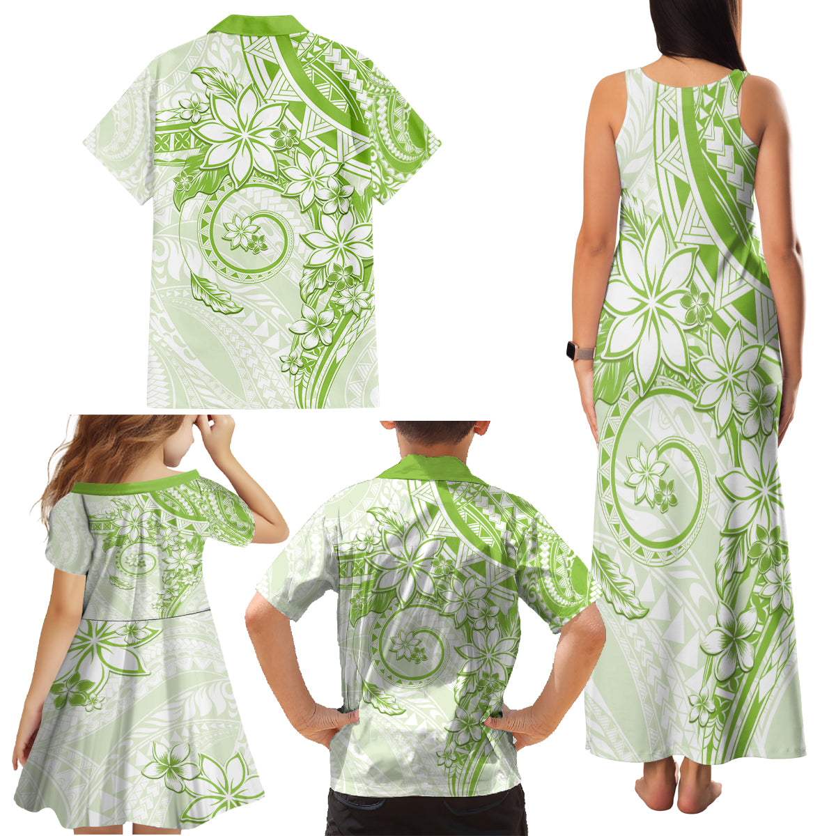 Polynesian Pattern With Plumeria Flowers Family Matching Tank Maxi Dress and Hawaiian Shirt Lime Green LT05 - Polynesian Pride