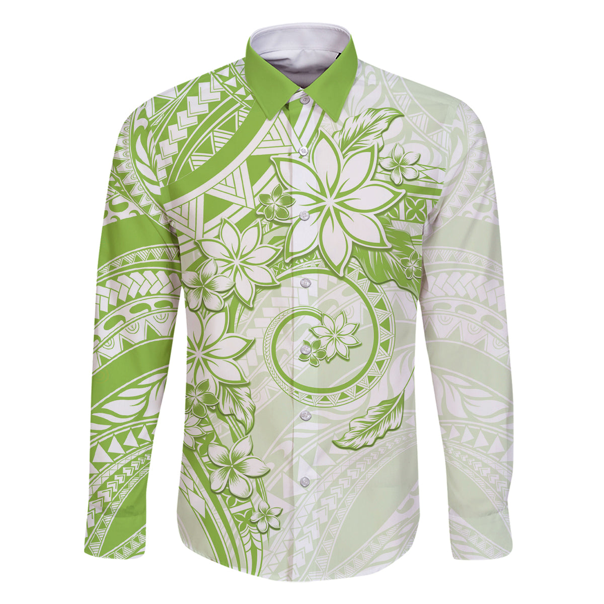 Polynesian Pattern With Plumeria Flowers Family Matching Tank Maxi Dress and Hawaiian Shirt Lime Green LT05 Dad's Shirt - Long Sleeve Lime Green - Polynesian Pride
