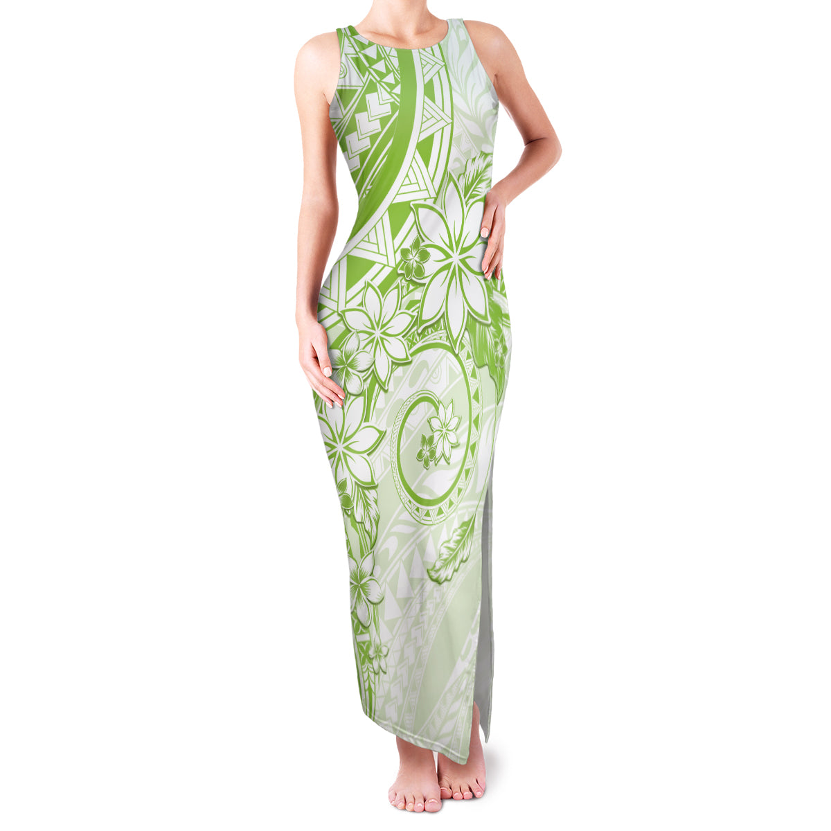 Polynesian Pattern With Plumeria Flowers Family Matching Tank Maxi Dress and Hawaiian Shirt Lime Green LT05 Mom's Dress Lime Green - Polynesian Pride
