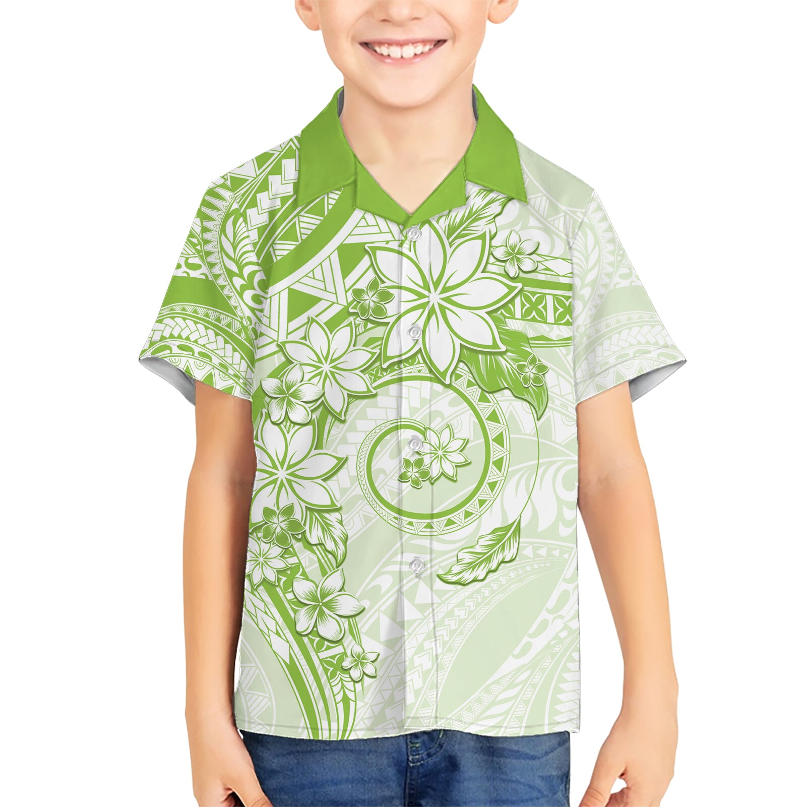 Polynesian Pattern With Plumeria Flowers Kid Hawaiian Shirt Lime Green