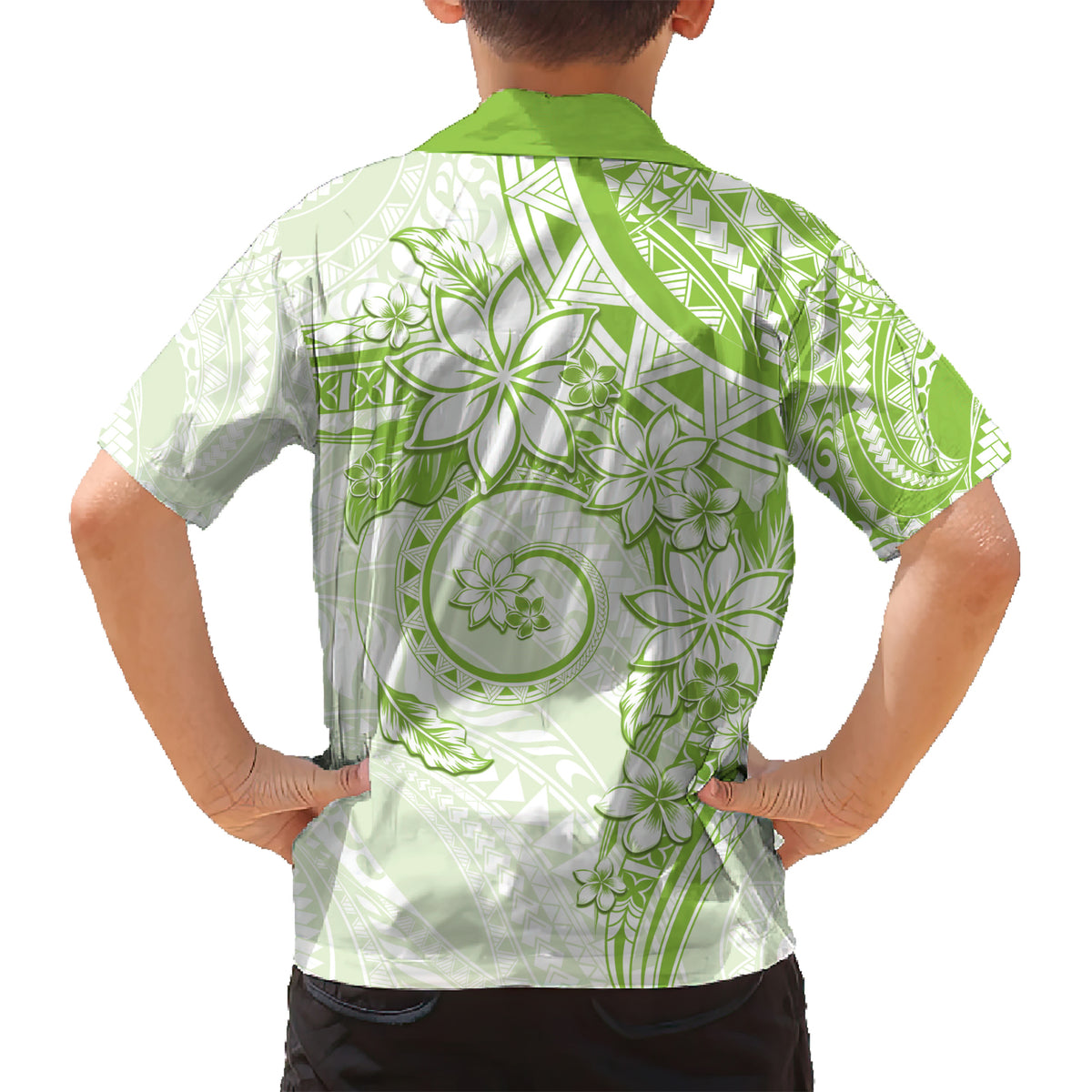 Polynesian Pattern With Plumeria Flowers Kid Hawaiian Shirt Lime Green