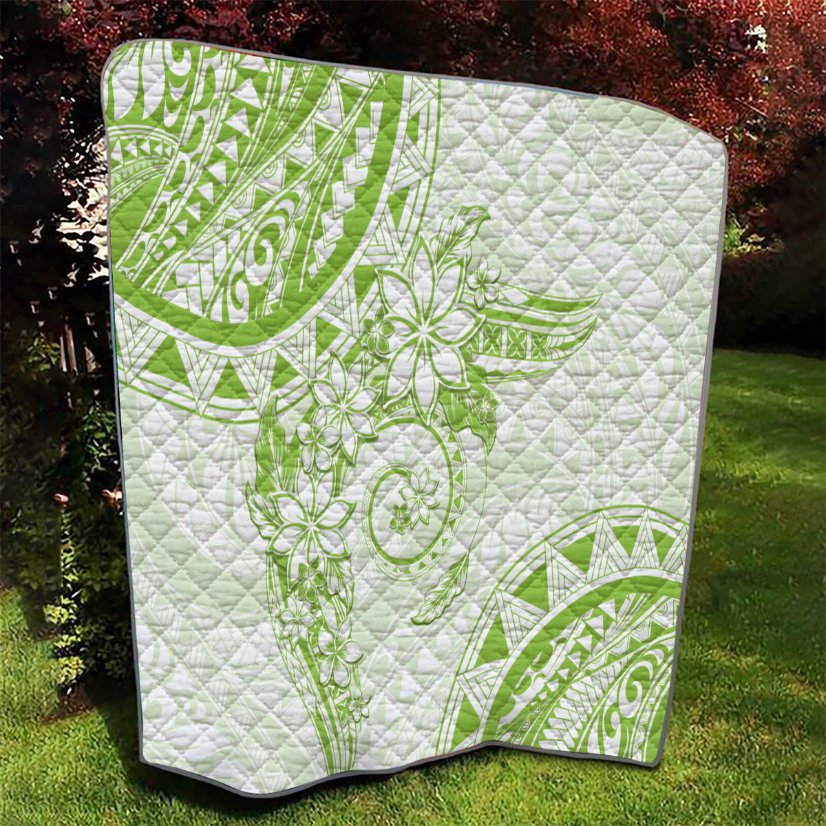 Polynesian Pattern With Plumeria Flowers Quilt Lime Green LT05 - Polynesian Pride