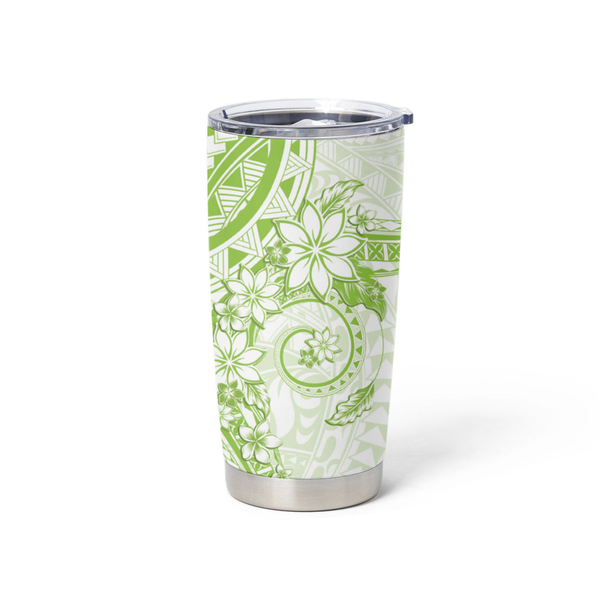 Lime Green Polynesian Pattern With Plumeria Flowers Tumbler Cup