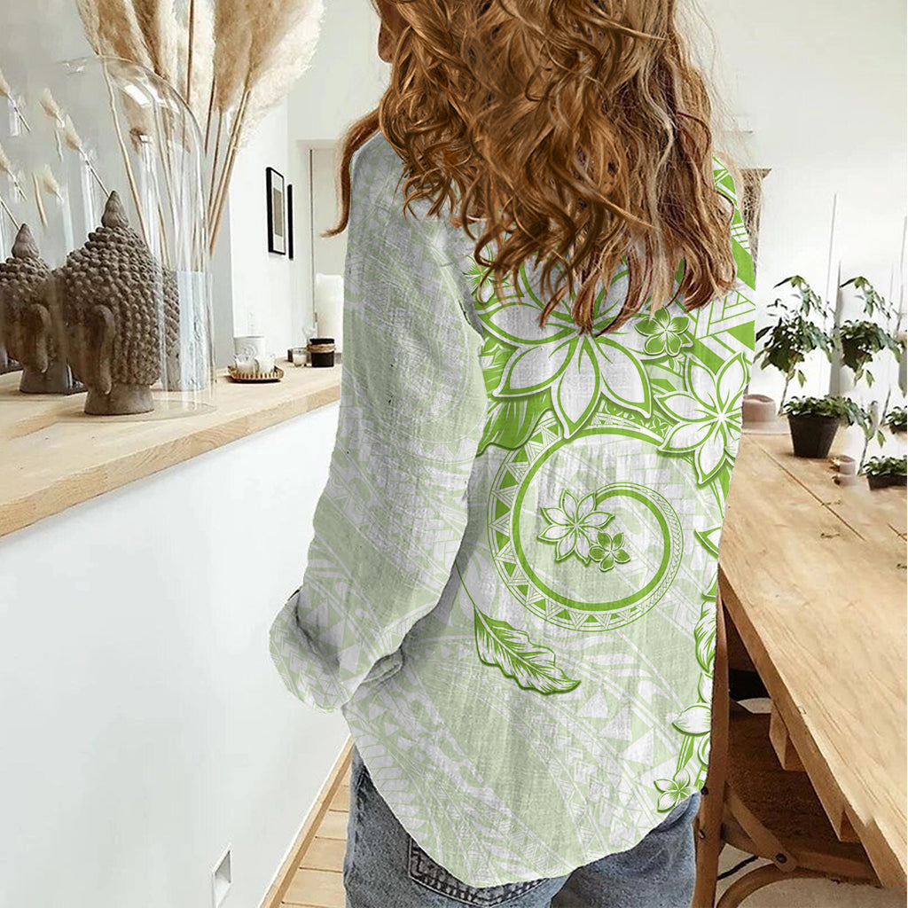 Polynesian Pattern With Plumeria Flowers Women Casual Shirt Lime Green LT05 - Polynesian Pride