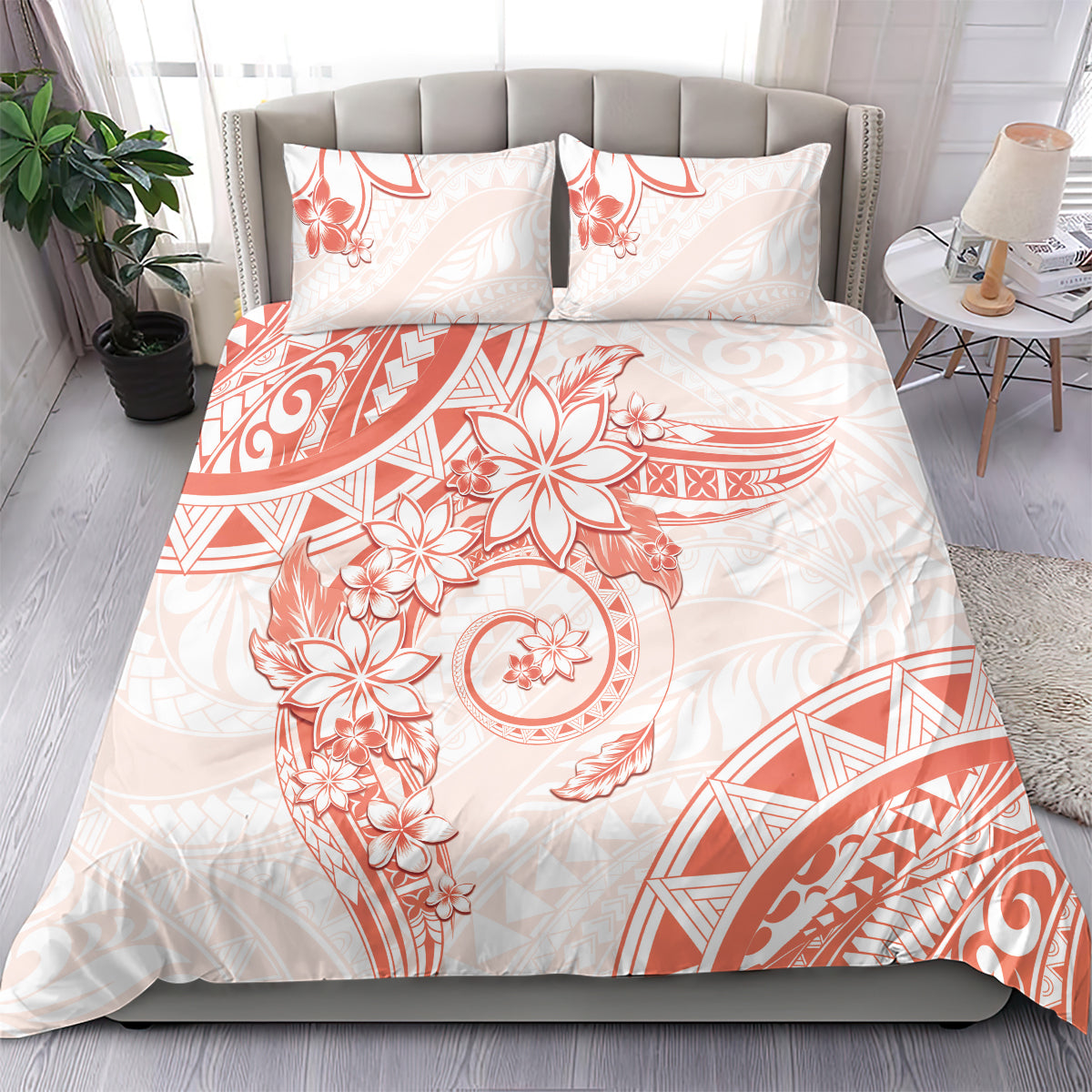 Polynesian Pattern With Plumeria Flowers Bedding Set Orange Peach