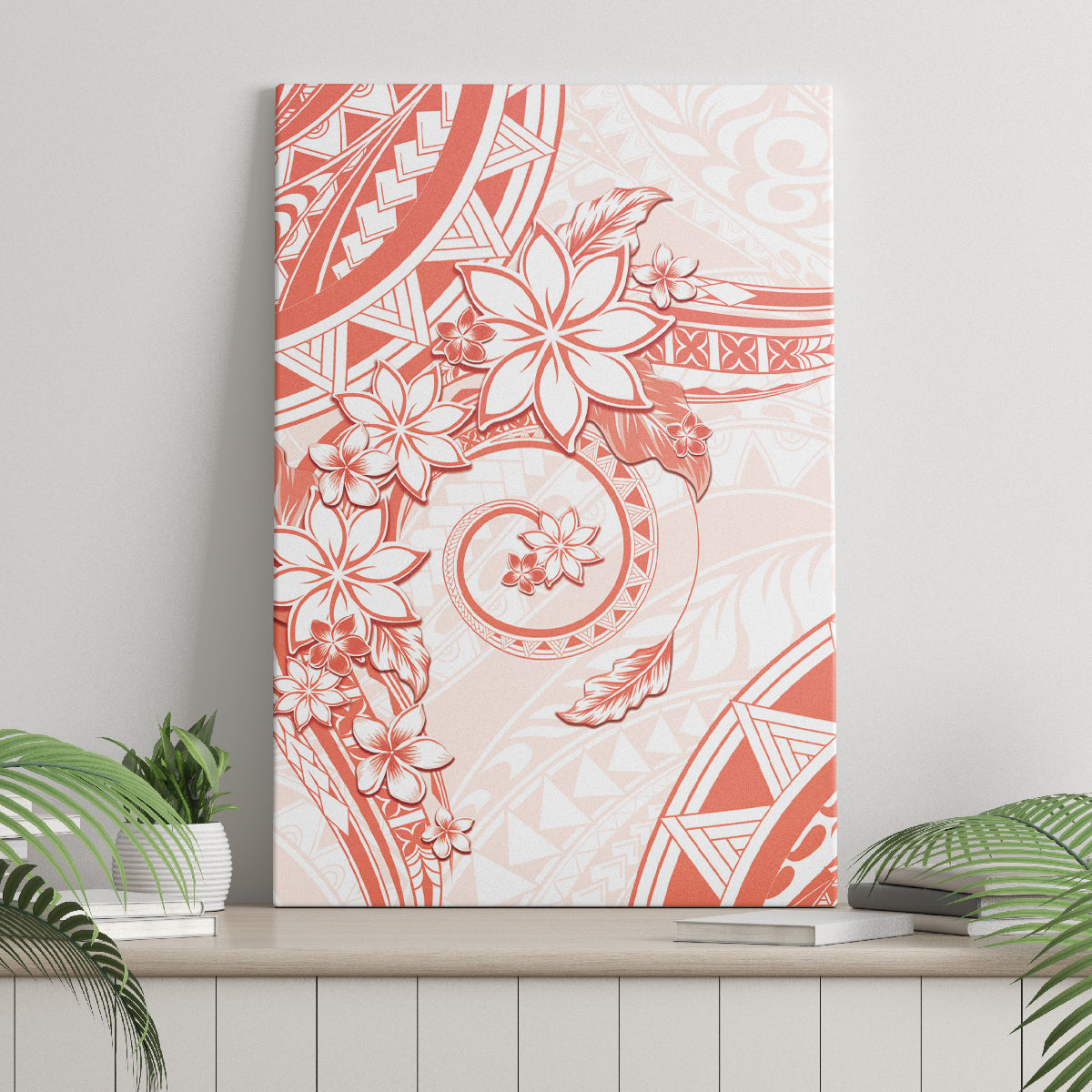 Polynesian Pattern With Plumeria Flowers Canvas Wall Art Orange Peach
