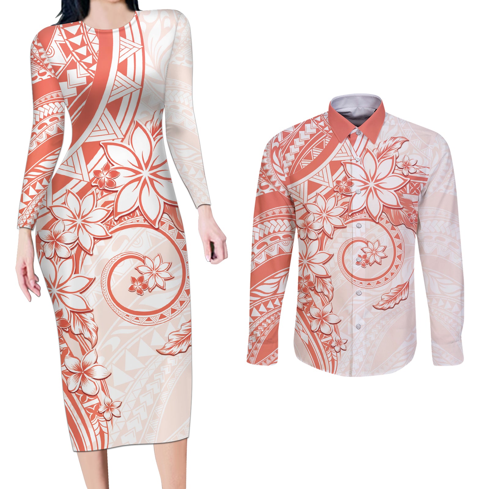 Polynesian Pattern With Plumeria Flowers Couples Matching Long Sleeve Bodycon Dress and Long Sleeve Button Shirt Orange Peach LT05 Peach - Polynesian Pride
