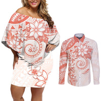 Polynesian Pattern With Plumeria Flowers Couples Matching Off Shoulder Short Dress and Long Sleeve Button Shirt Orange Peach