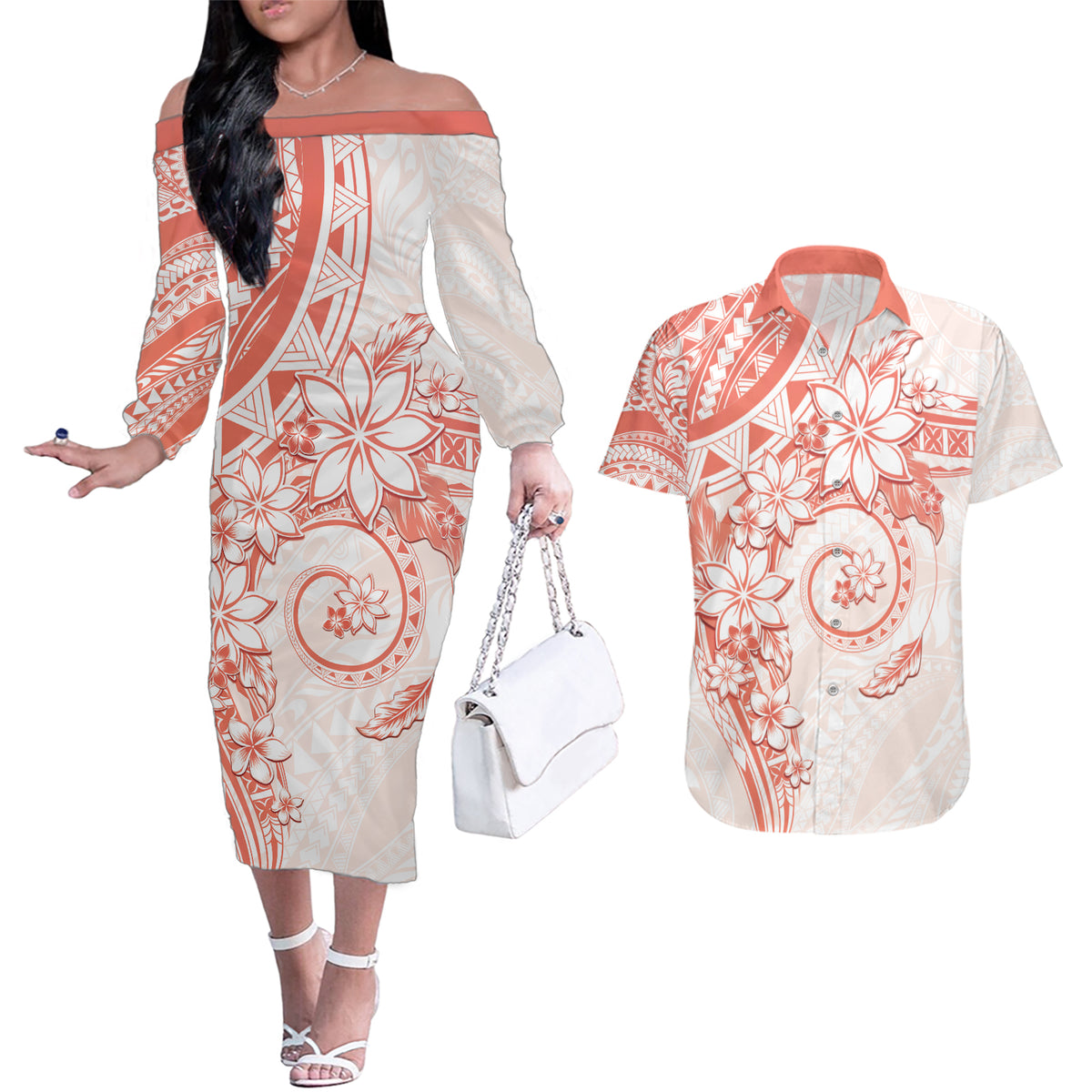 Polynesian Pattern With Plumeria Flowers Couples Matching Off The Shoulder Long Sleeve Dress and Hawaiian Shirt Orange Peach