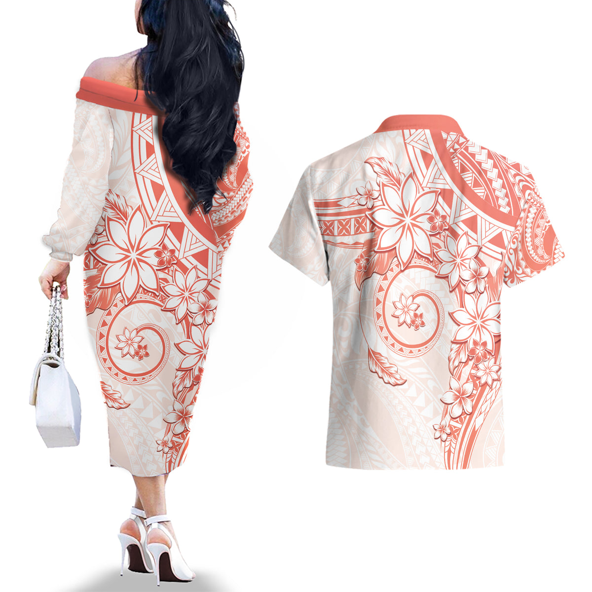 Polynesian Pattern With Plumeria Flowers Couples Matching Off The Shoulder Long Sleeve Dress and Hawaiian Shirt Orange Peach