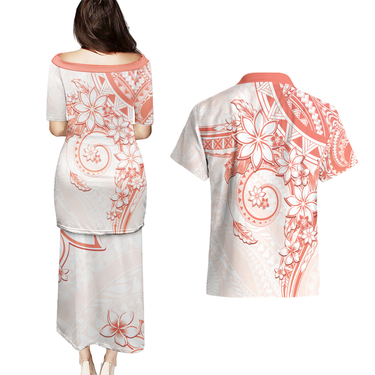Polynesian Pattern With Plumeria Flowers Couples Matching Puletasi and Hawaiian Shirt Orange Peach