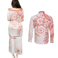 Polynesian Pattern With Plumeria Flowers Couples Matching Puletasi and Long Sleeve Button Shirt Orange Peach