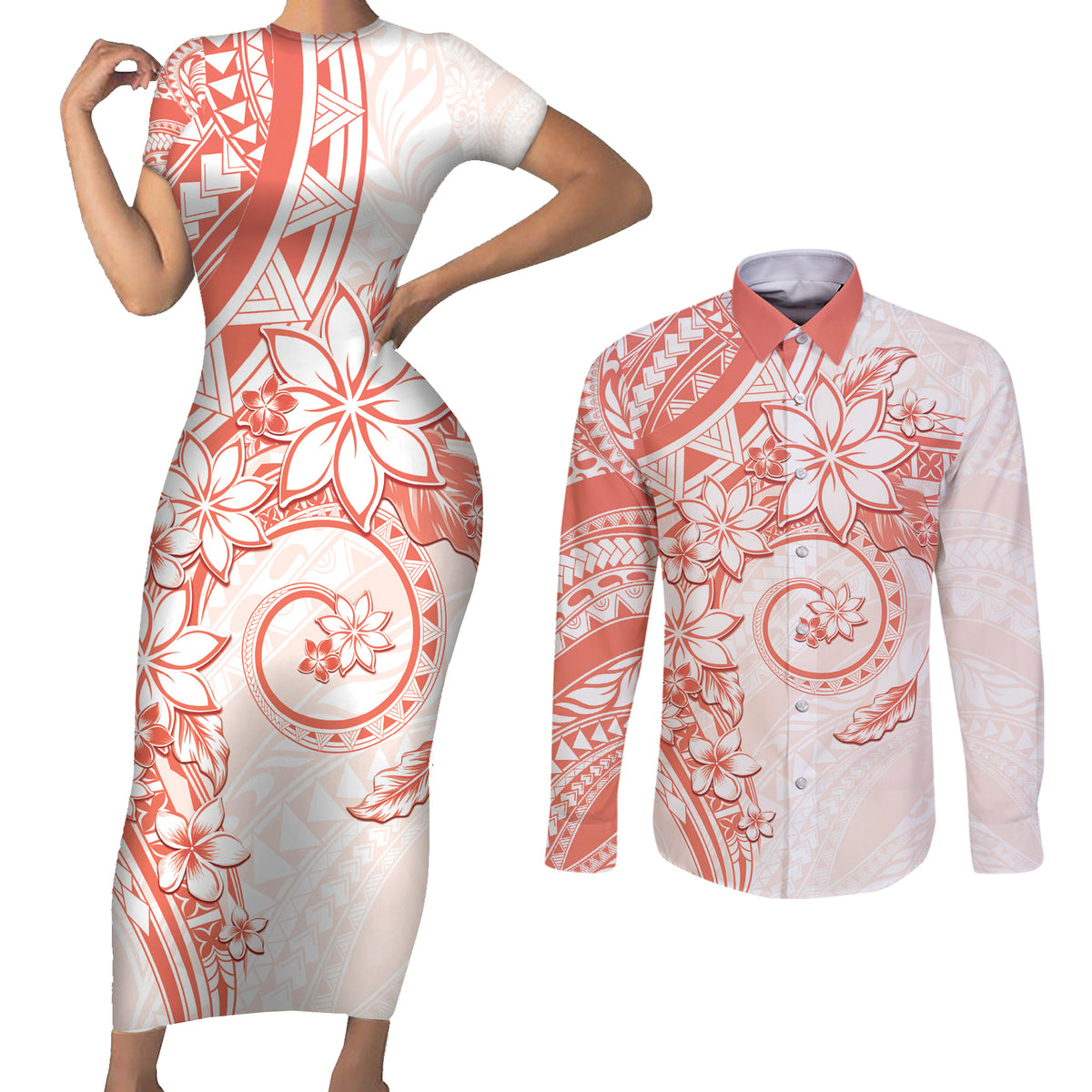 Polynesian Pattern With Plumeria Flowers Couples Matching Short Sleeve Bodycon Dress and Long Sleeve Button Shirt Orange Peach