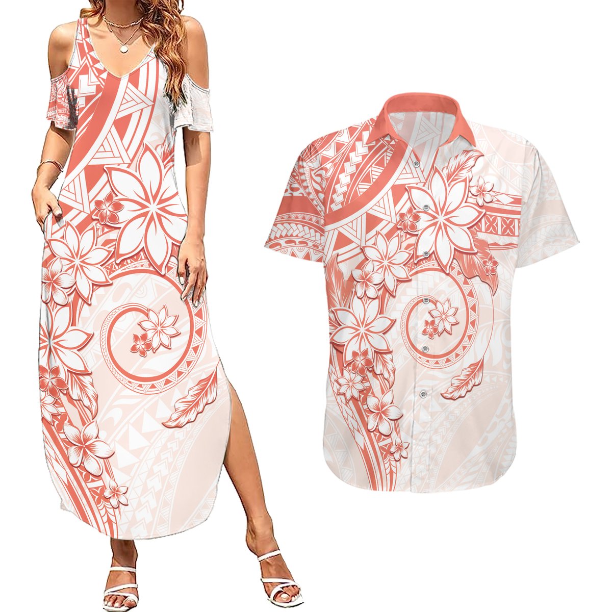 Polynesian Pattern With Plumeria Flowers Couples Matching Summer Maxi Dress and Hawaiian Shirt Orange Peach LT05 Peach - Polynesian Pride