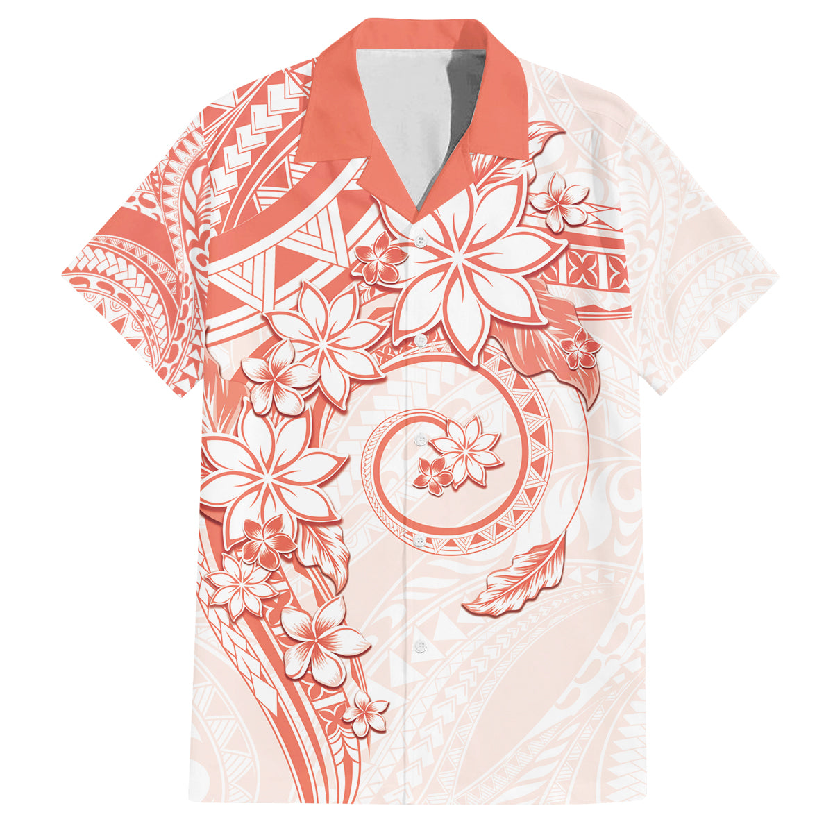 Polynesian Pattern With Plumeria Flowers Family Matching Long Sleeve Bodycon Dress and Hawaiian Shirt Orange Peach