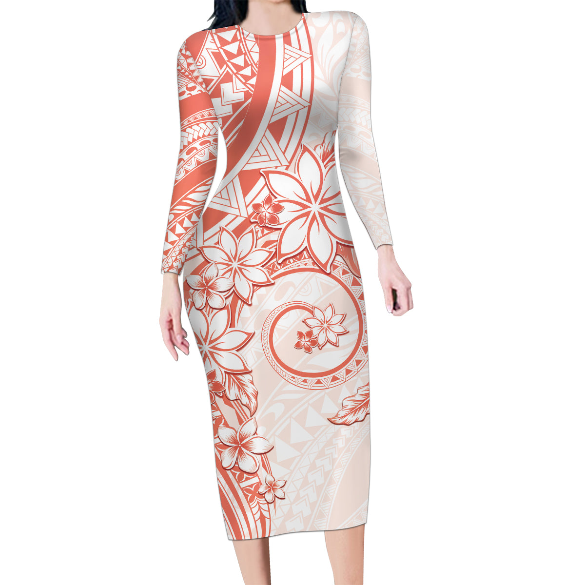 Polynesian Pattern With Plumeria Flowers Family Matching Long Sleeve Bodycon Dress and Hawaiian Shirt Orange Peach