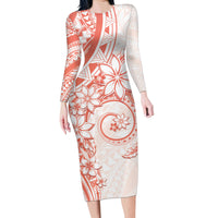 Polynesian Pattern With Plumeria Flowers Family Matching Long Sleeve Bodycon Dress and Hawaiian Shirt Orange Peach