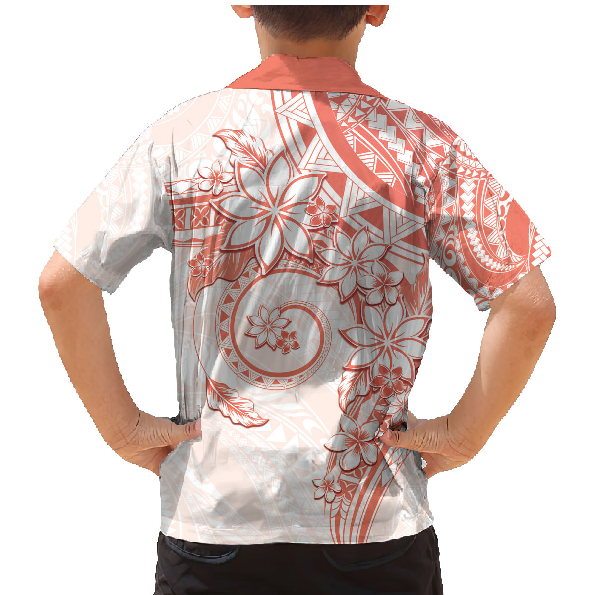 Polynesian Pattern With Plumeria Flowers Family Matching Mermaid Dress and Hawaiian Shirt Orange Peach