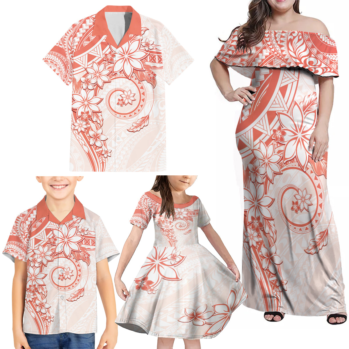 Polynesian Pattern With Plumeria Flowers Family Matching Off Shoulder Maxi Dress and Hawaiian Shirt Orange Peach LT05 - Polynesian Pride