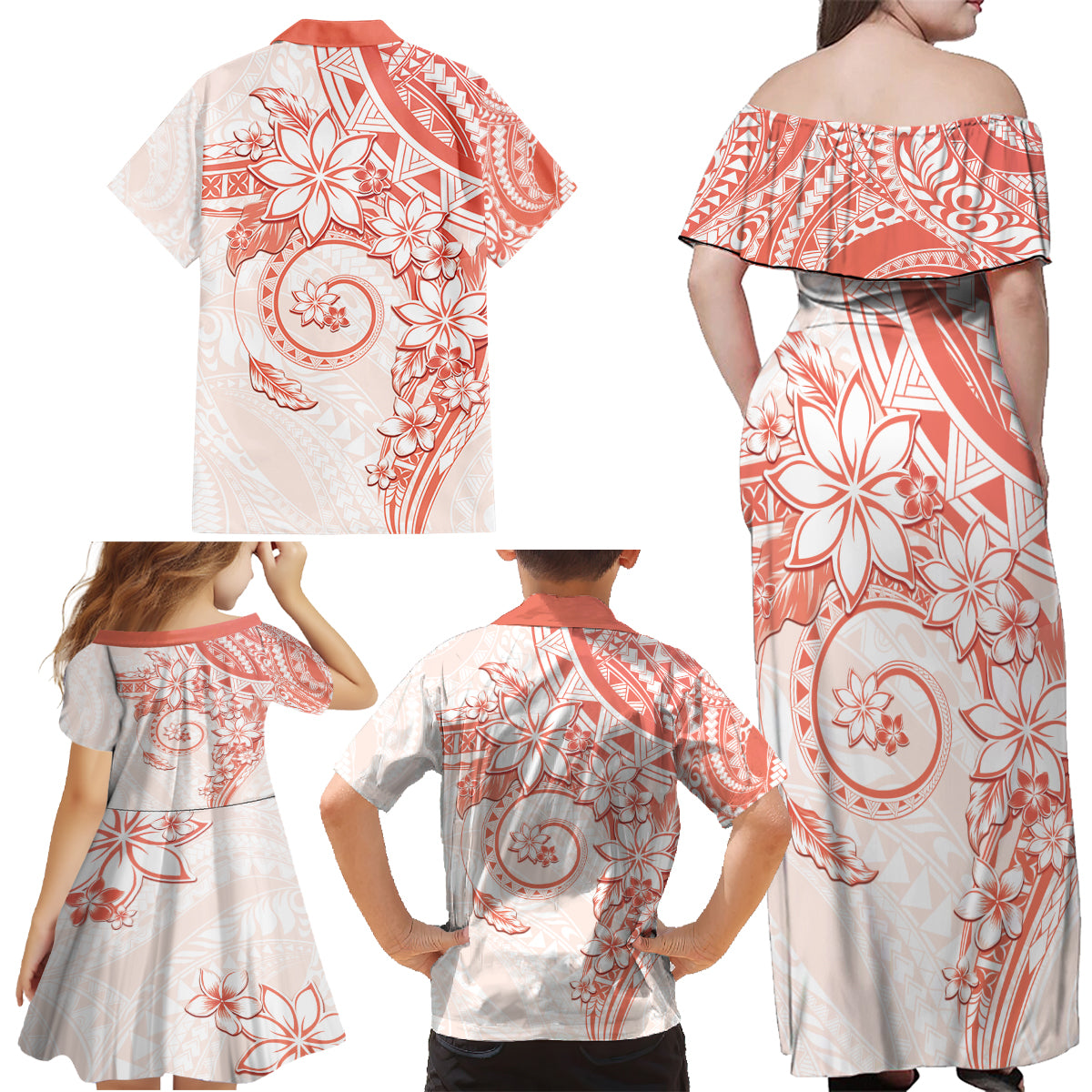 Polynesian Pattern With Plumeria Flowers Family Matching Off Shoulder Maxi Dress and Hawaiian Shirt Orange Peach LT05 - Polynesian Pride
