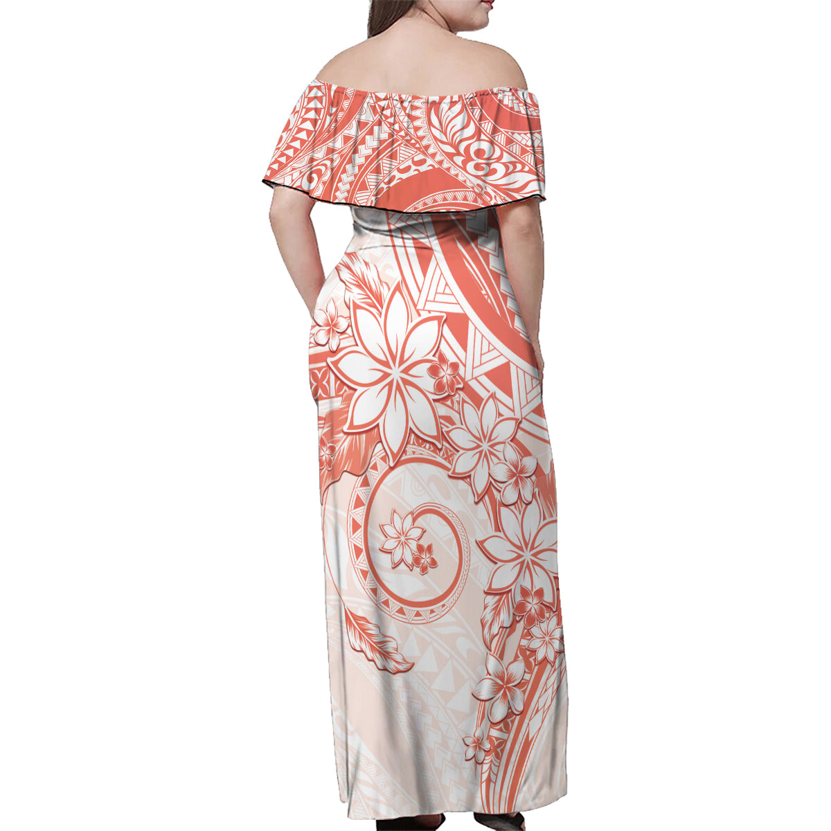 Polynesian Pattern With Plumeria Flowers Family Matching Off Shoulder Maxi Dress and Hawaiian Shirt Orange Peach LT05 - Polynesian Pride