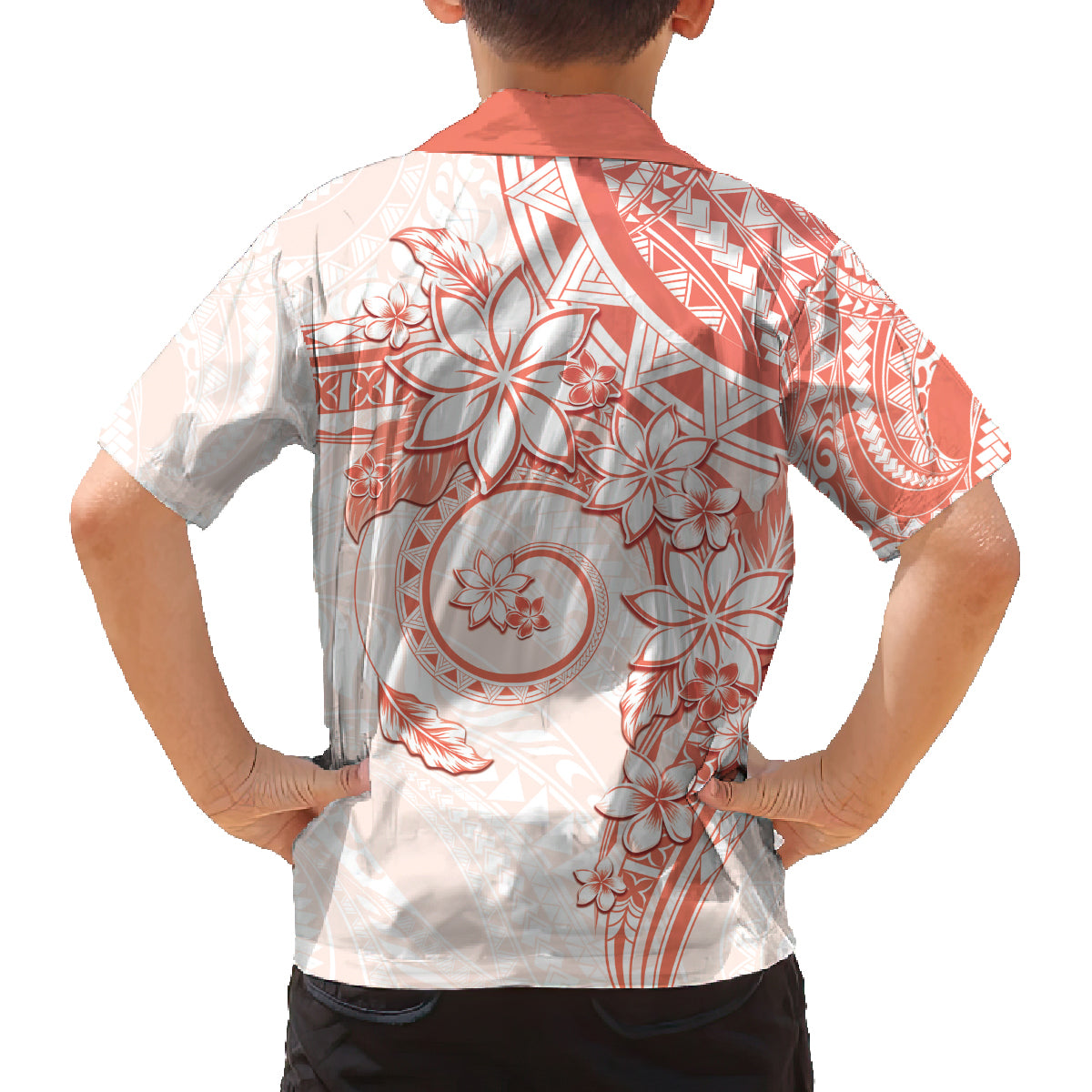 Polynesian Pattern With Plumeria Flowers Family Matching Off Shoulder Short Dress and Hawaiian Shirt Orange Peach LT05 - Polynesian Pride