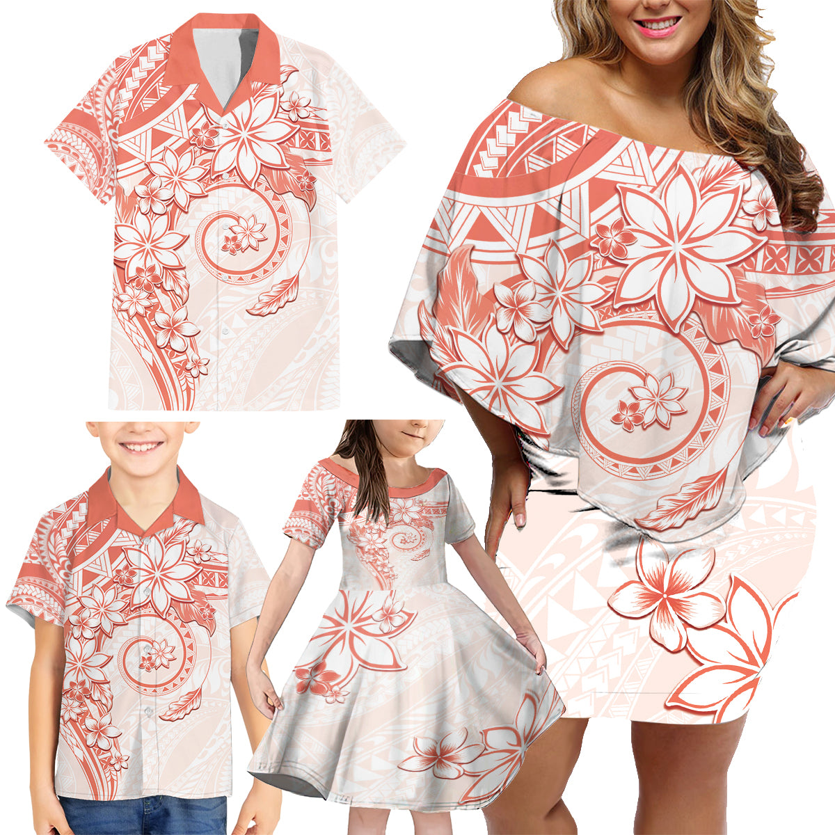 Polynesian Pattern With Plumeria Flowers Family Matching Off Shoulder Short Dress and Hawaiian Shirt Orange Peach LT05 - Polynesian Pride