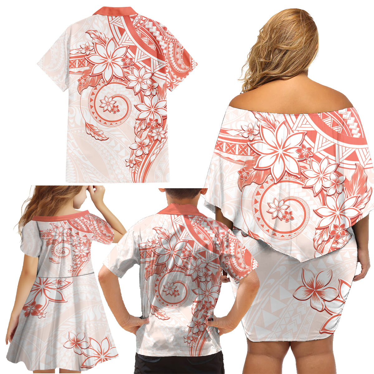 Polynesian Pattern With Plumeria Flowers Family Matching Off Shoulder Short Dress and Hawaiian Shirt Orange Peach LT05 - Polynesian Pride