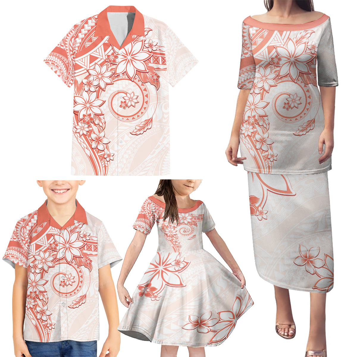 Polynesian Pattern With Plumeria Flowers Family Matching Puletasi and Hawaiian Shirt Orange Peach LT05 - Polynesian Pride