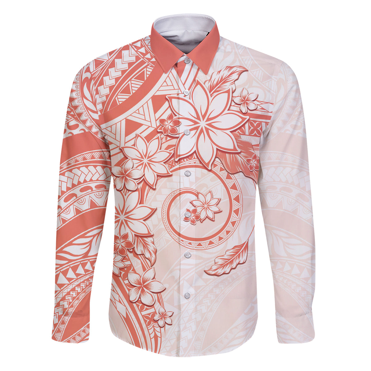 Polynesian Pattern With Plumeria Flowers Family Matching Puletasi and Hawaiian Shirt Orange Peach LT05 Dad's Shirt - Long Sleeve Peach - Polynesian Pride