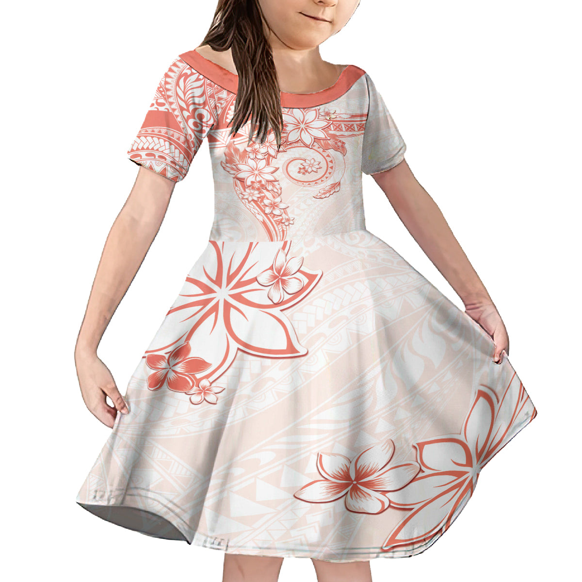 Polynesian Pattern With Plumeria Flowers Family Matching Summer Maxi Dress and Hawaiian Shirt Orange Peach LT05 Daughter's Dress Peach - Polynesian Pride