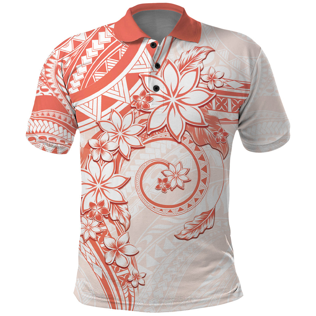 Polynesian Pattern With Plumeria Flowers Polo Shirt Orange Peach
