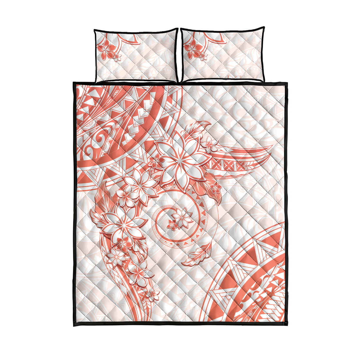 Polynesian Pattern With Plumeria Flowers Quilt Bed Set Orange Peach