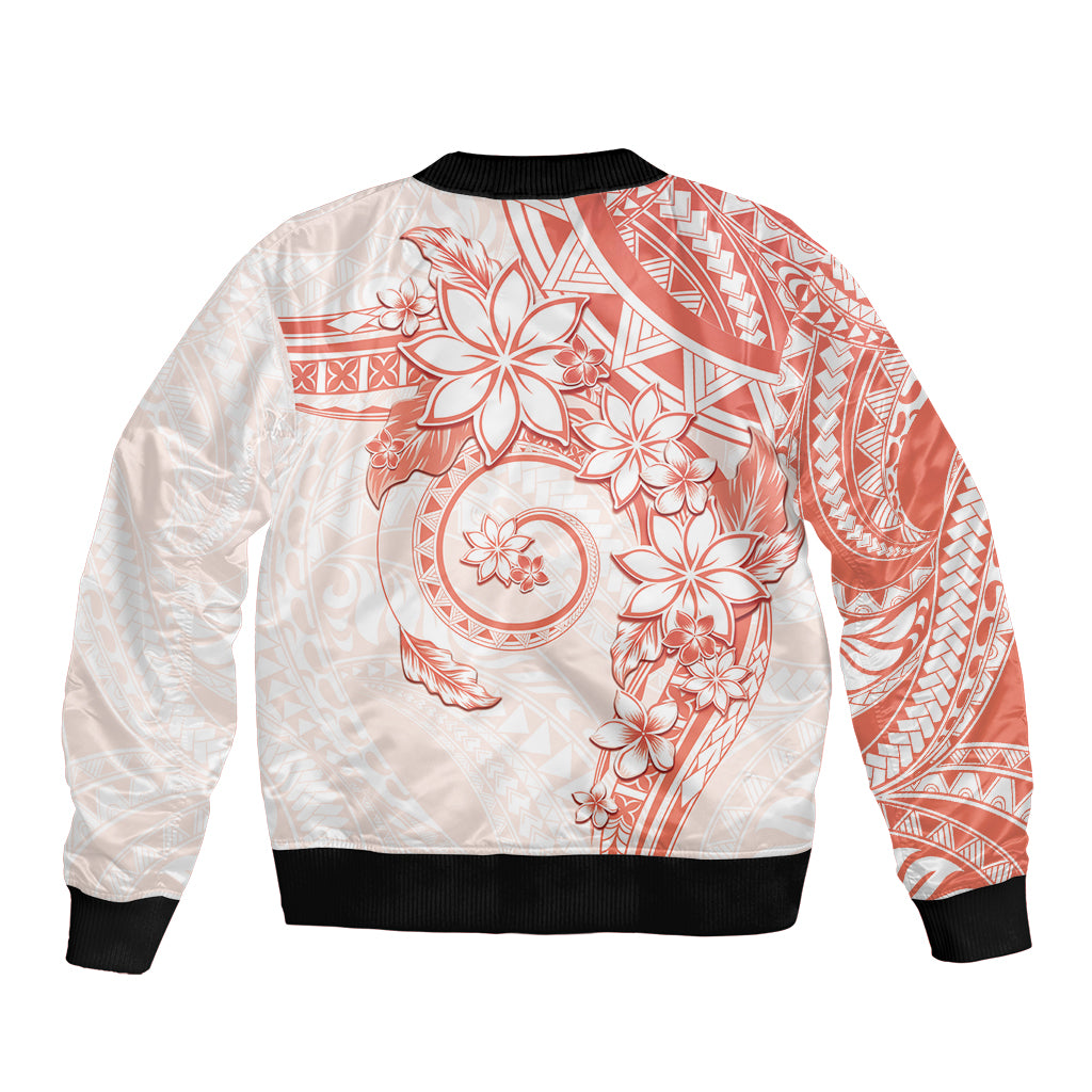 Polynesian Pattern With Plumeria Flowers Sleeve Zip Bomber Jacket Orange Peach