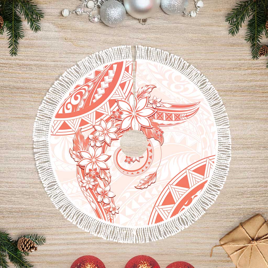 Polynesian Pattern With Plumeria Flowers Tree Skirt Orange Peach LT05 Fringed Peach - Polynesian Pride