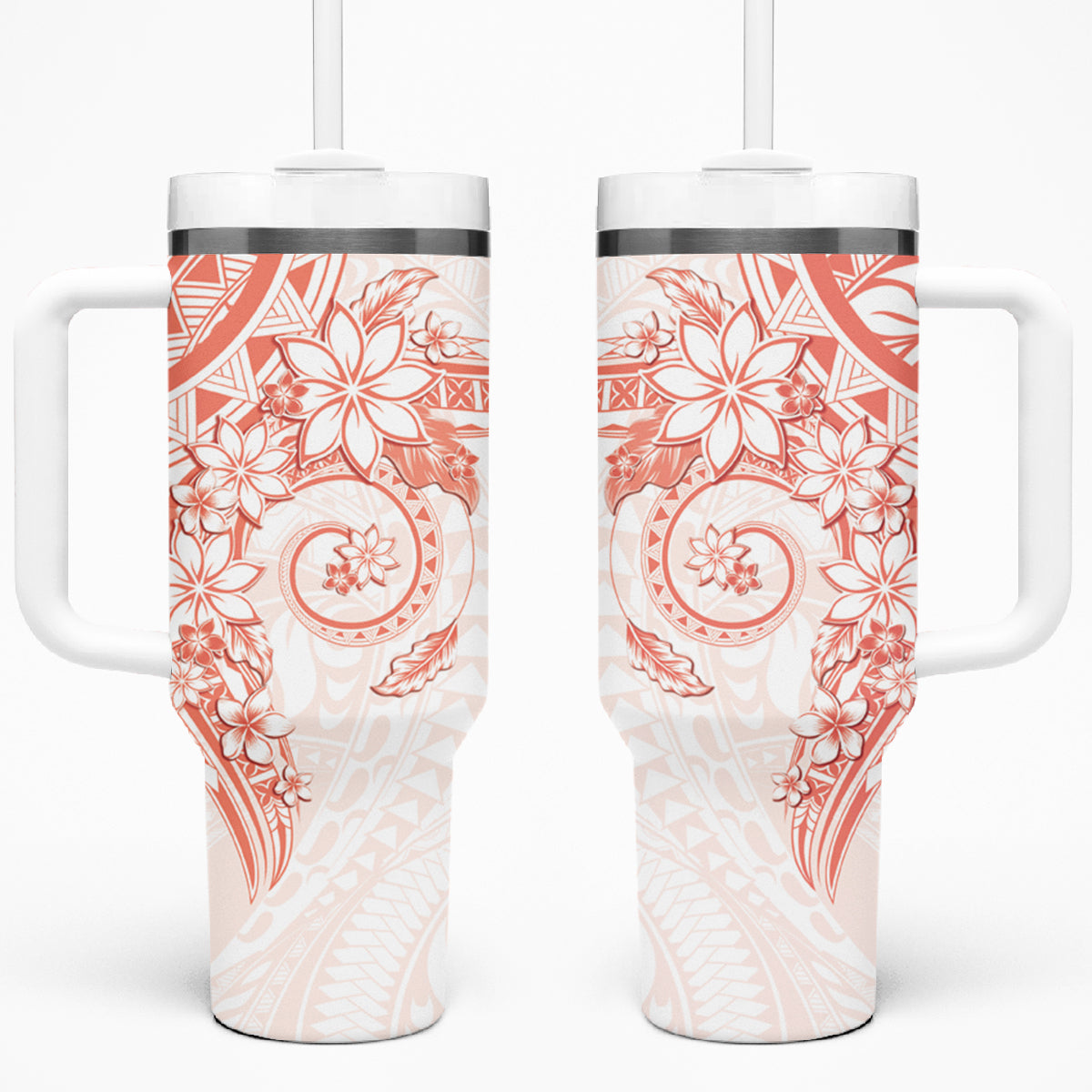 Orange Peach Polynesian Pattern With Plumeria Flowers Tumbler With Handle