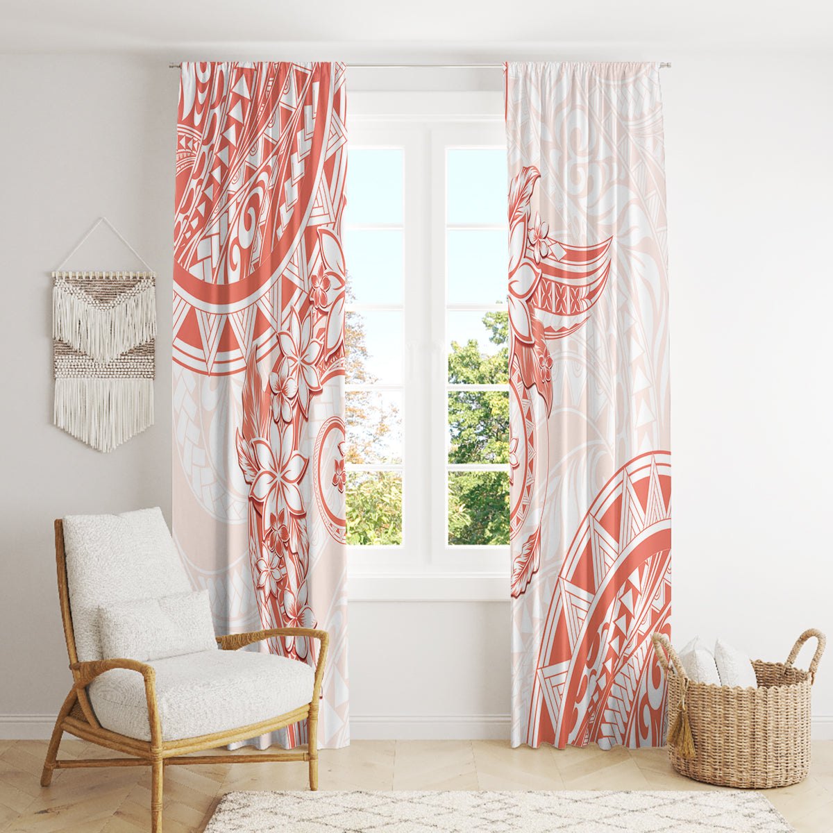 Polynesian Pattern With Plumeria Flowers Window Curtain Orange Peach