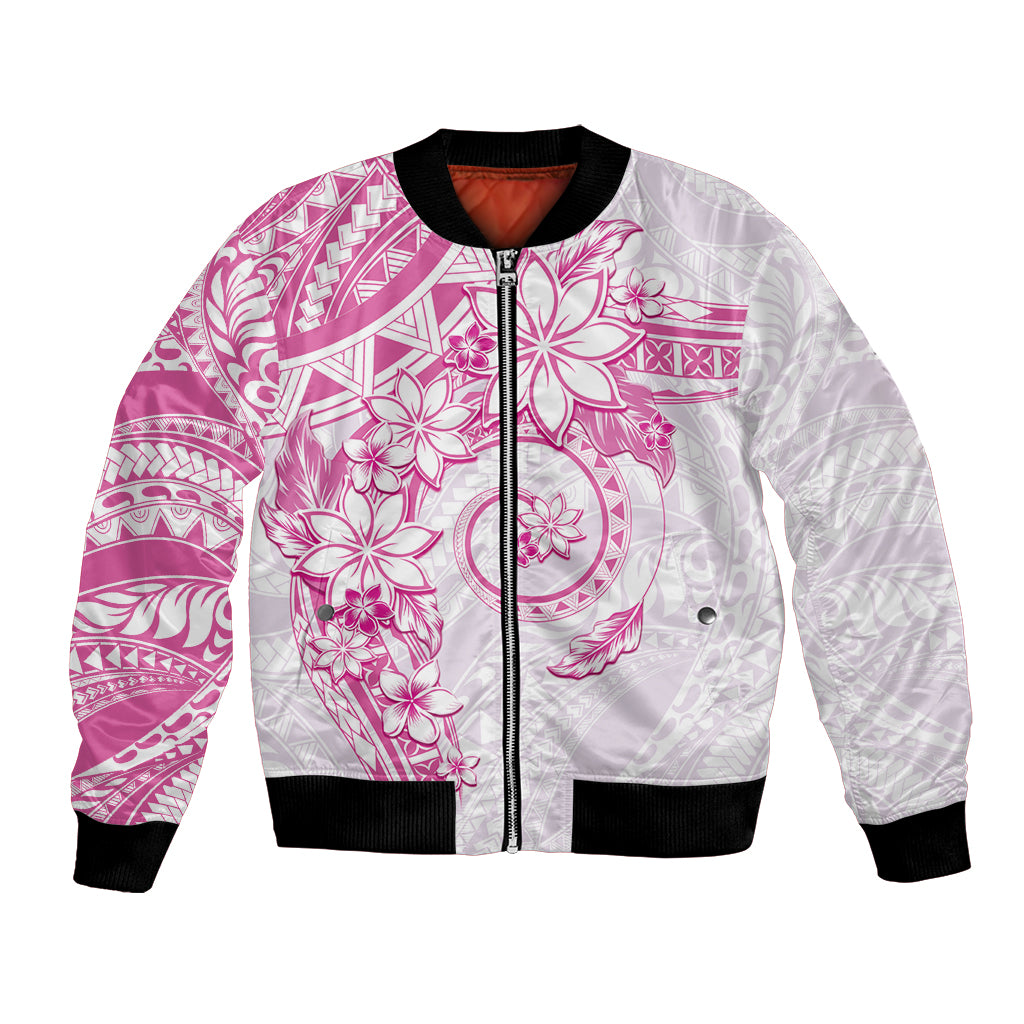 Polynesian Pattern With Plumeria Flowers Bomber Jacket Pink