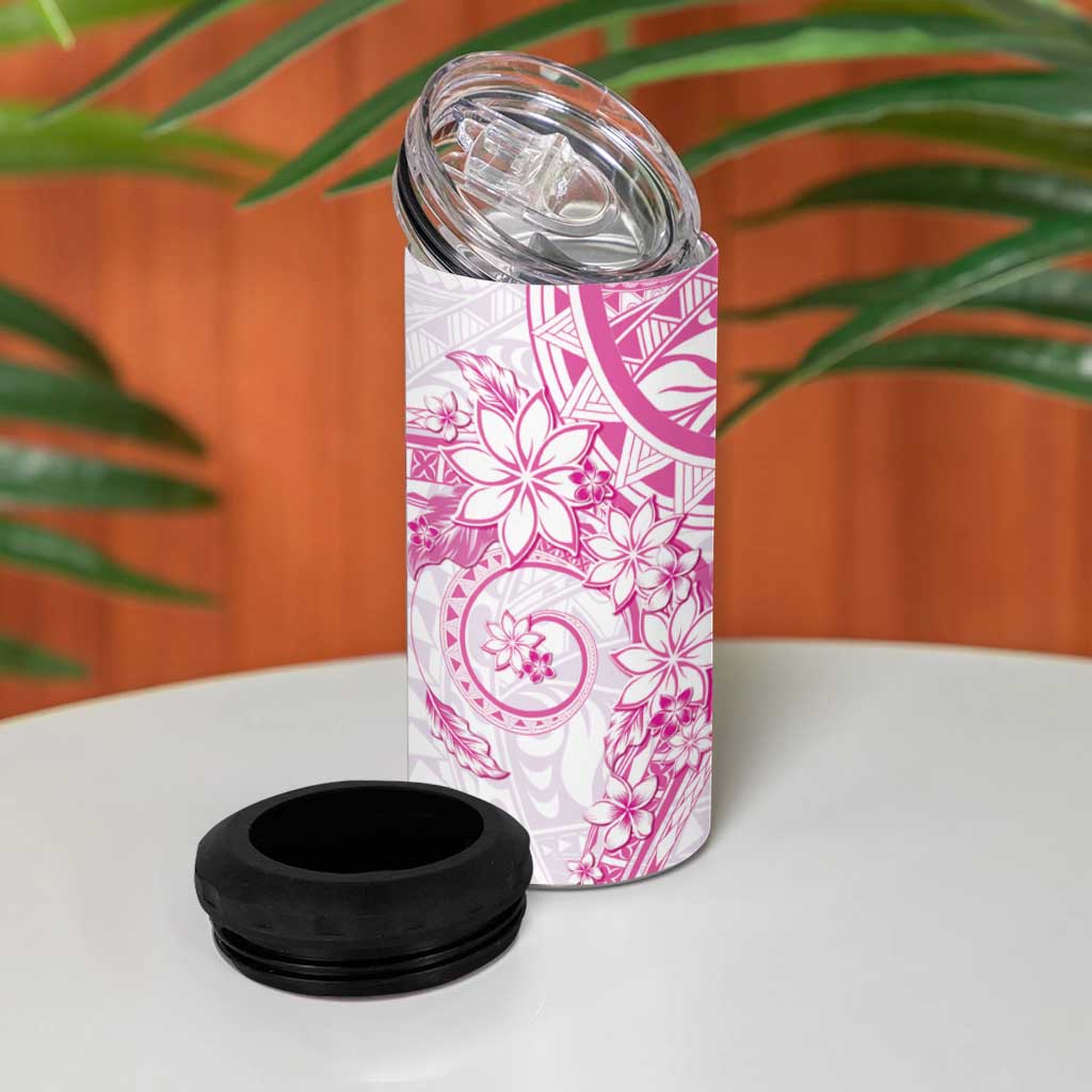 Pink Polynesian Pattern With Plumeria Flowers 4 in 1 Can Cooler Tumbler