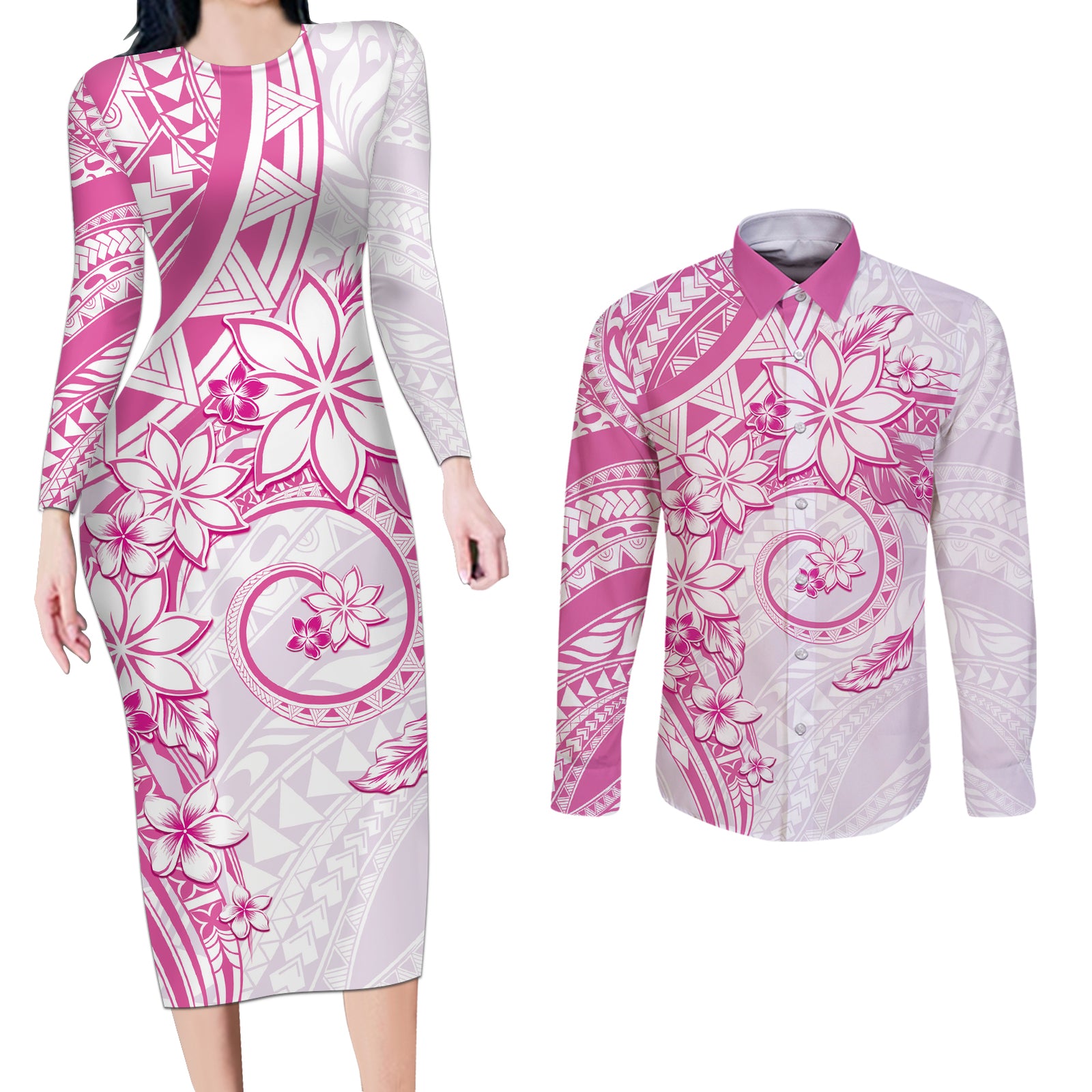 Polynesian Pattern With Plumeria Flowers Couples Matching Long Sleeve Bodycon Dress and Long Sleeve Button Shirt Pink LT05 Pink - Polynesian Pride