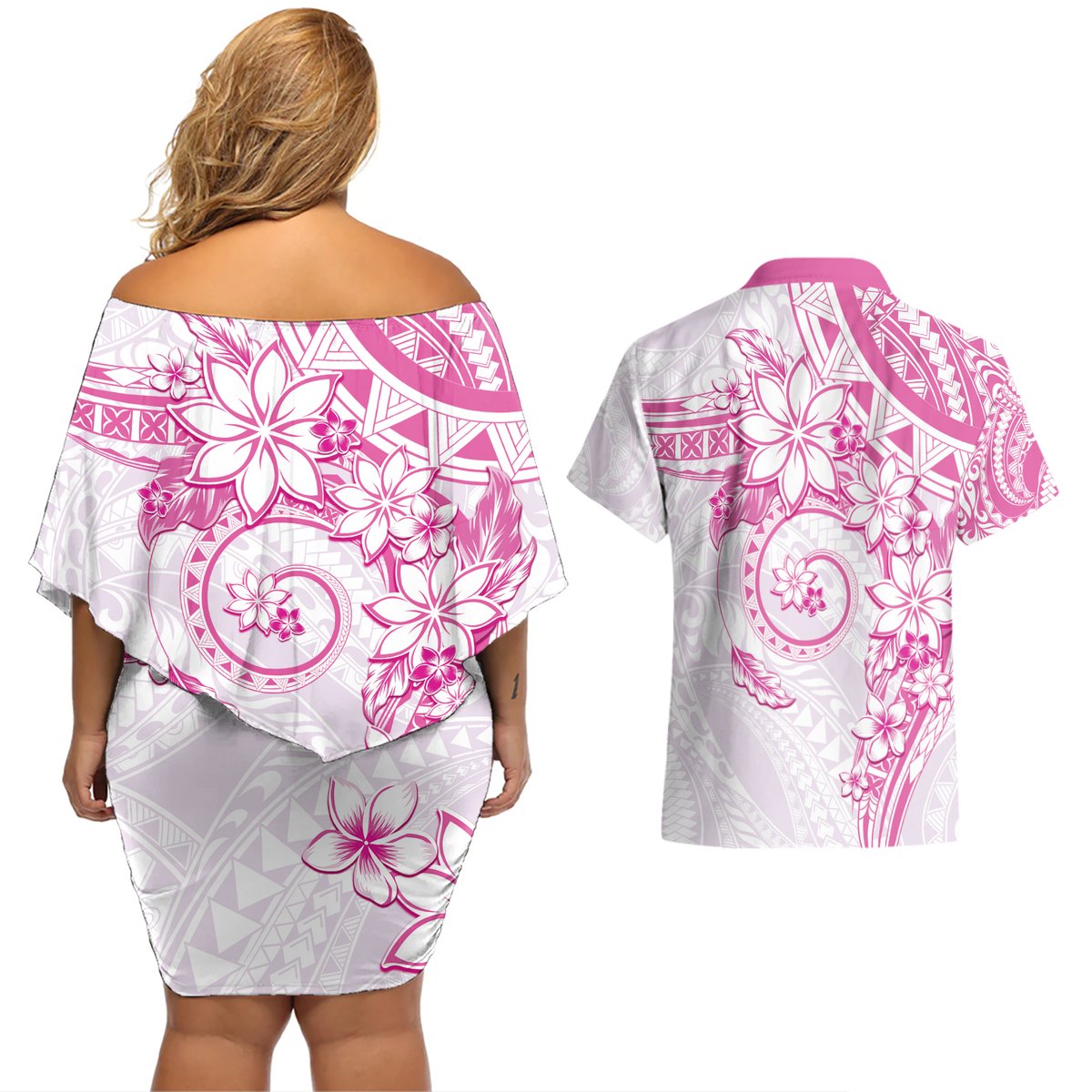 Polynesian Pattern With Plumeria Flowers Couples Matching Off Shoulder Short Dress and Hawaiian Shirt Pink