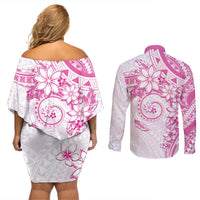 Polynesian Pattern With Plumeria Flowers Couples Matching Off Shoulder Short Dress and Long Sleeve Button Shirt Pink